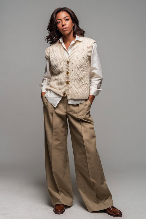 Cable knit vest with wide trousers