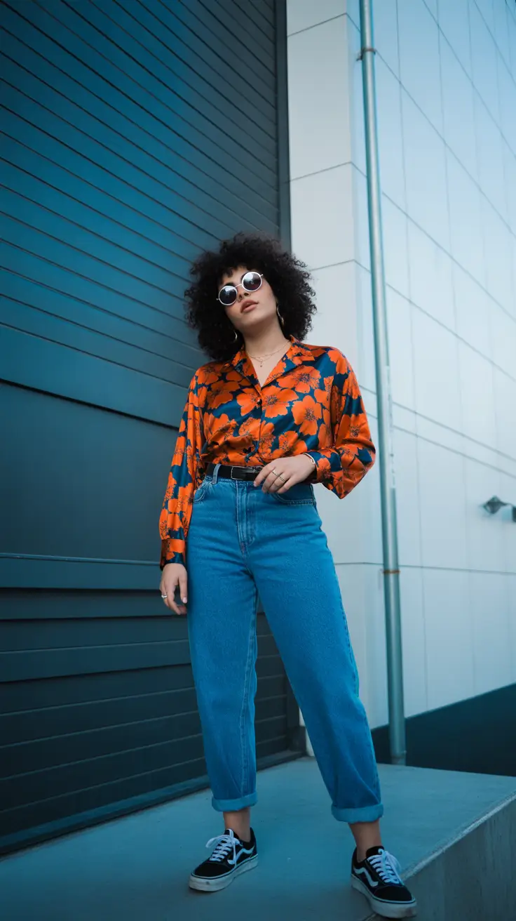 Orange print shirt with blue jeans