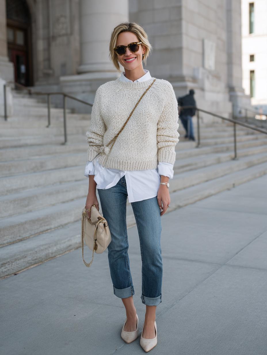 Chunky sweater over a white shirt with jeans