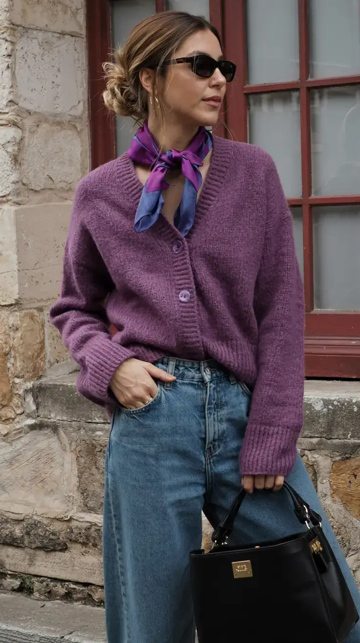 Purple cardigan with scarf and jeans