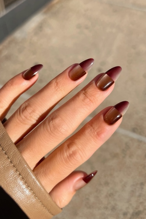Brown to burgundy gradient nails, Pinterest nail gradient