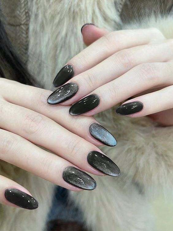 Black velvet nails with shimmer, Pinterest nail polish