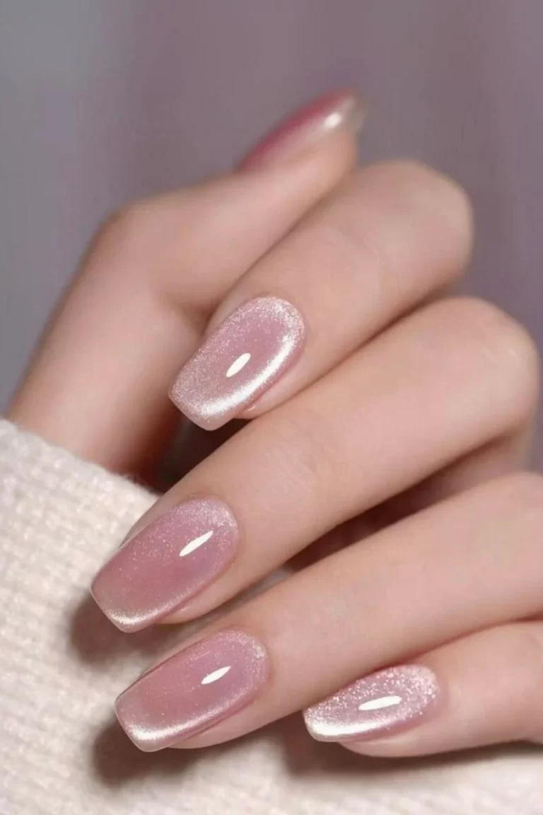 Soft pink shimmer square nails, Pinterest nail design