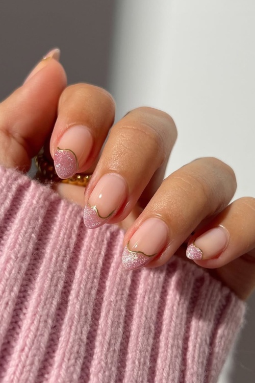 Pink glitter nails with gold French accent, Pinterest nail art