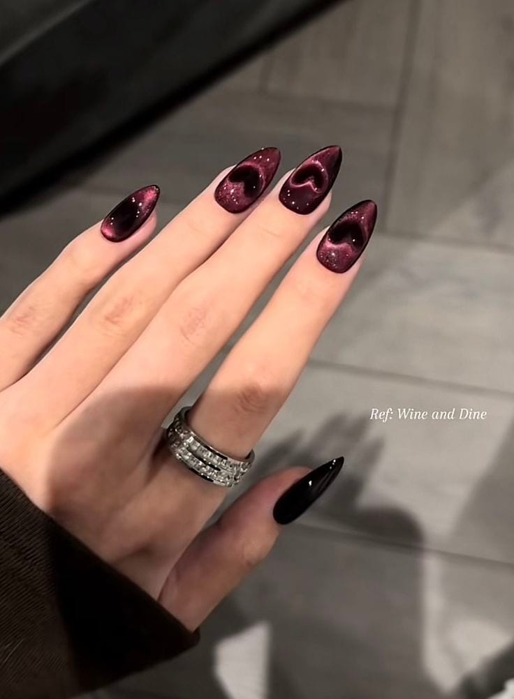 Wine-colored nails with heart accents, Pinterest nail art