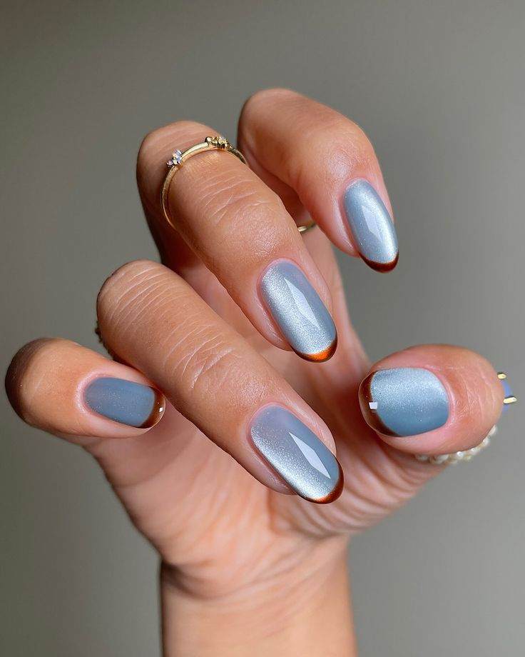 Blue matte nails with bronze French tips, Pinterest nail trend