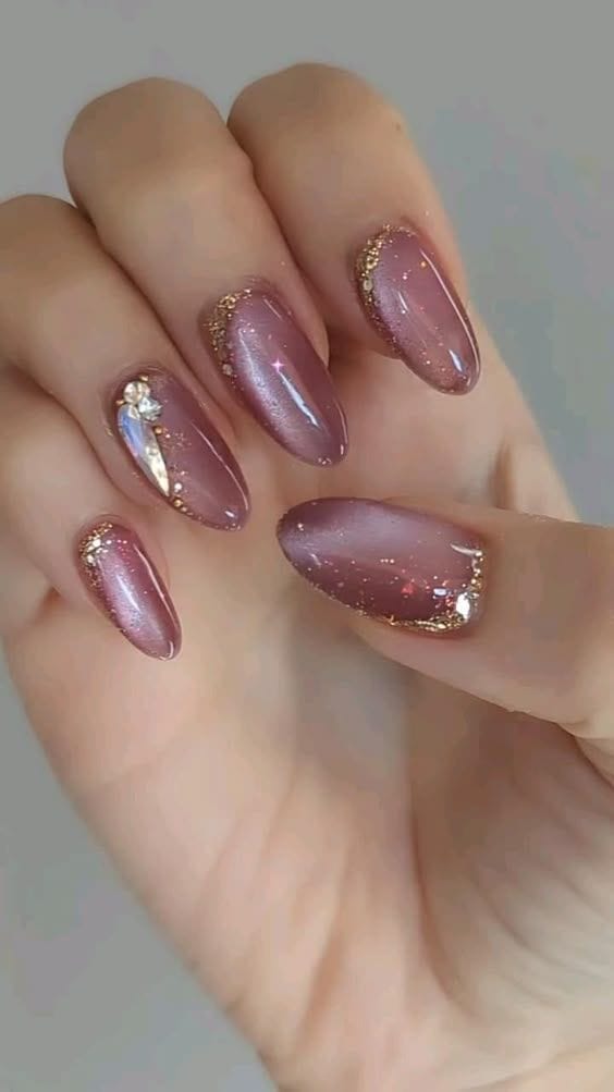 Mauve nails with gold flakes, Pinterest nail trend