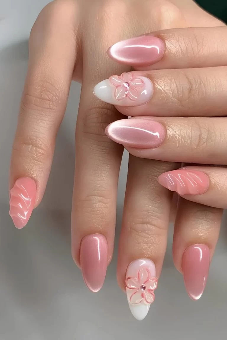 Pink almond nails with floral accents, Pinterest nail design