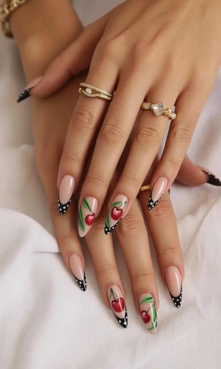 Almond nails with cherry and polka dot design