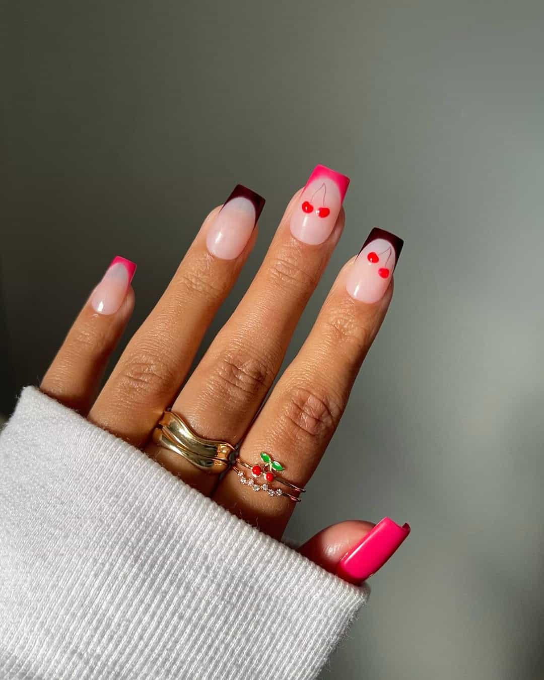 Square nails with pink and cherry French tips