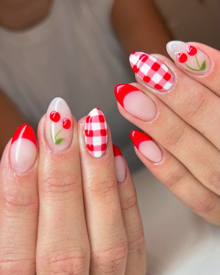 Red gingham nails with cherry accents