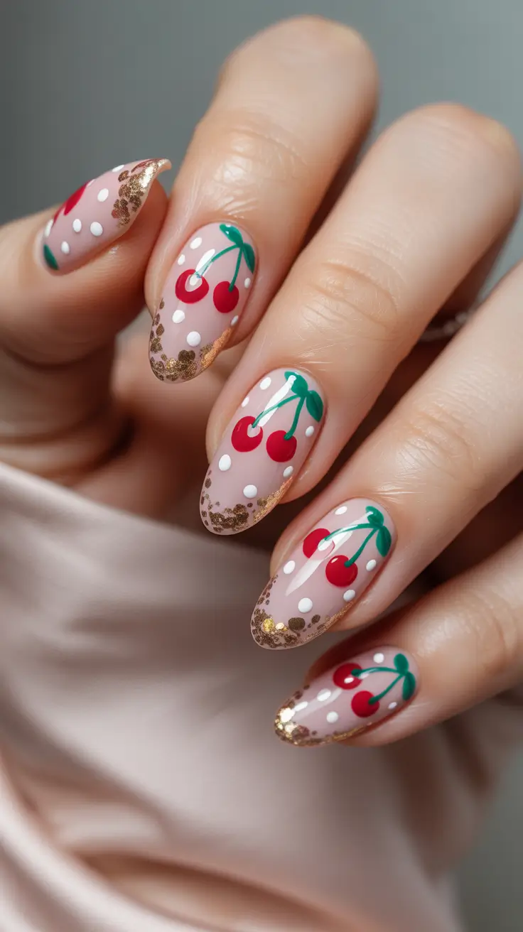 Almond nails with gold and cherry accents