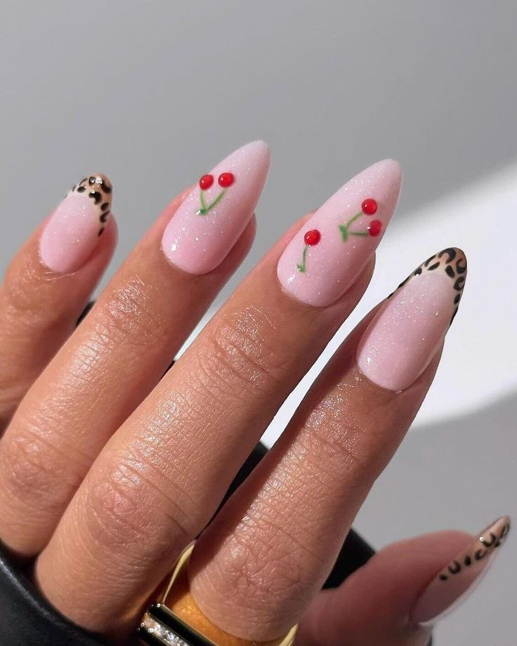 Almond nails with cherry and leopard tips