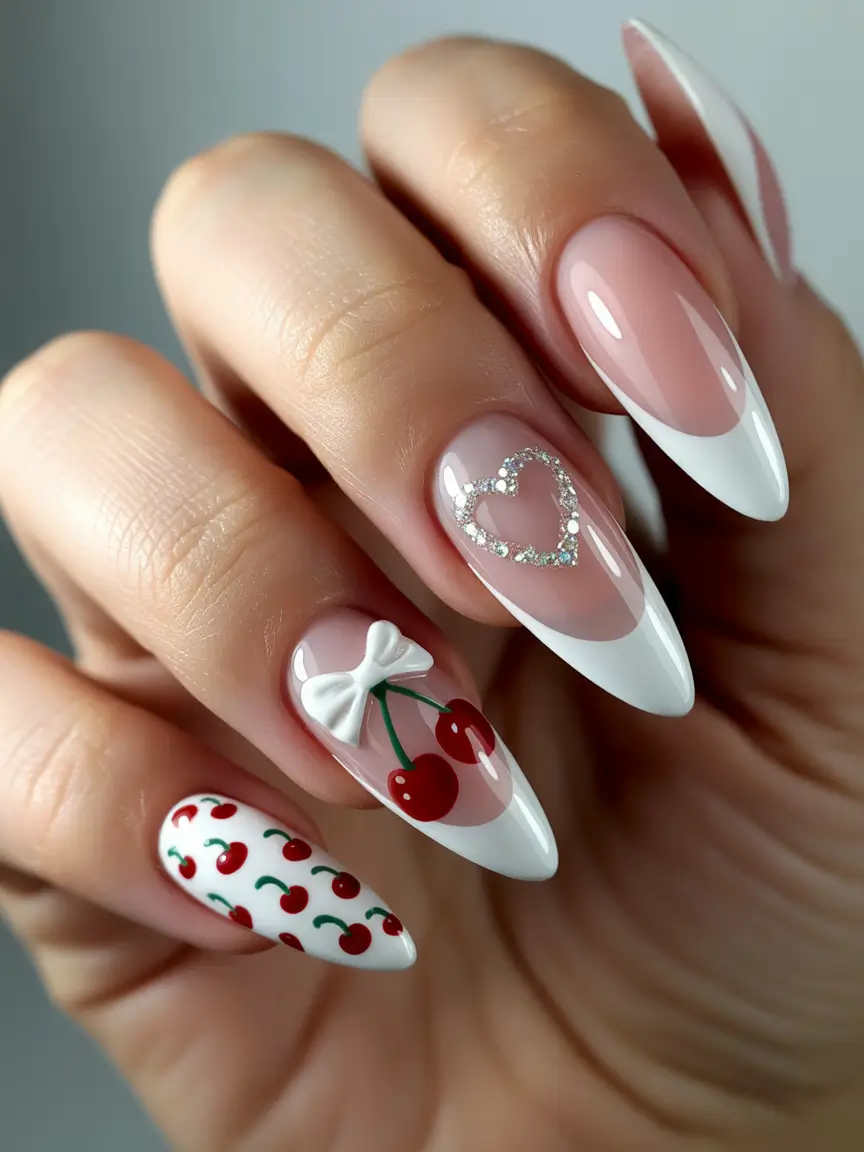 Almond nails with French tips and cherry accents