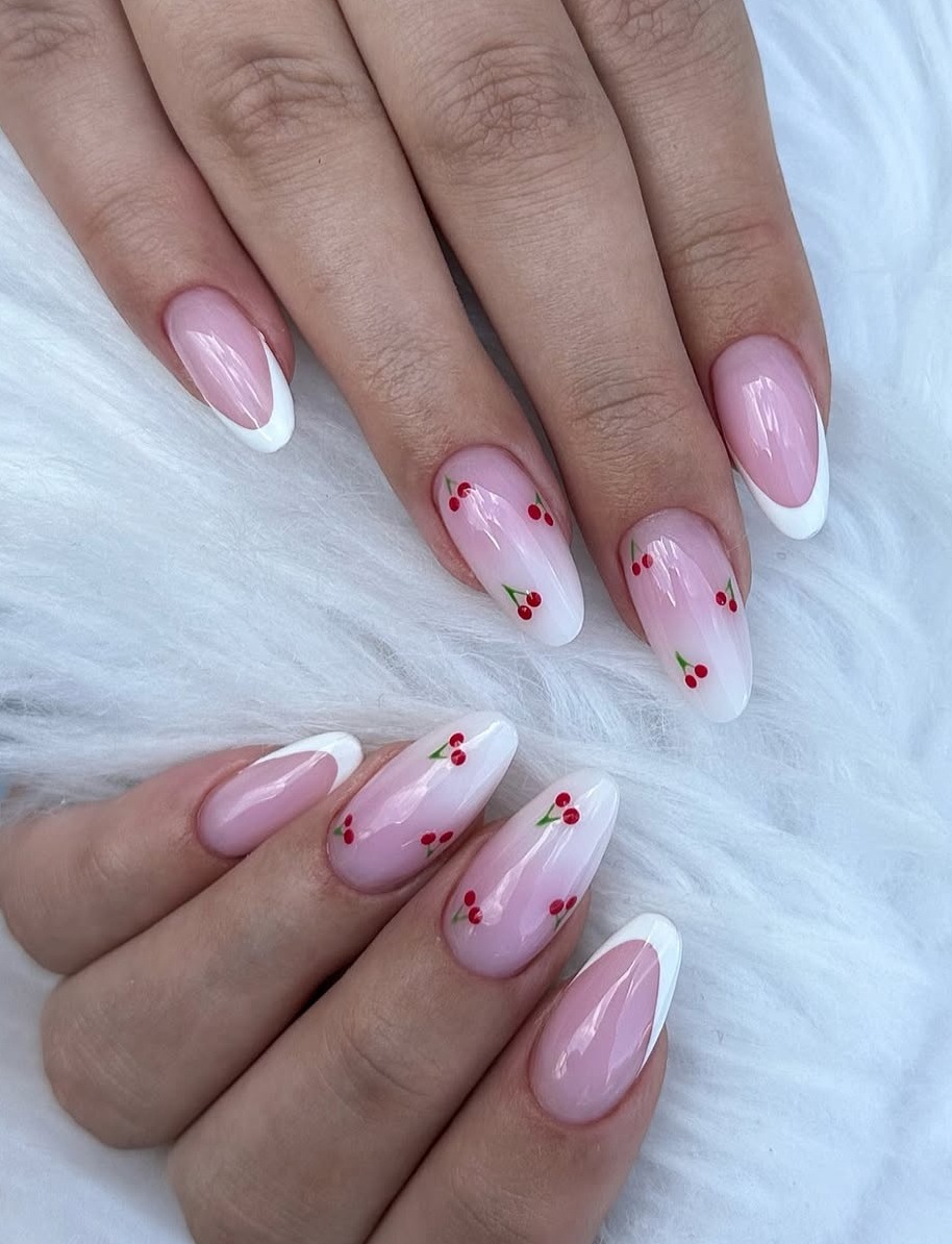 Almond nails with French tips and cherry details