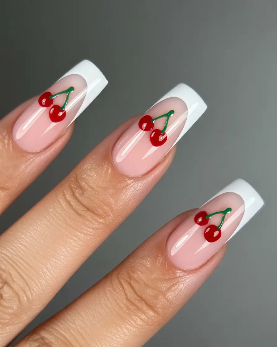Coffin nails with French tips and cherry accents