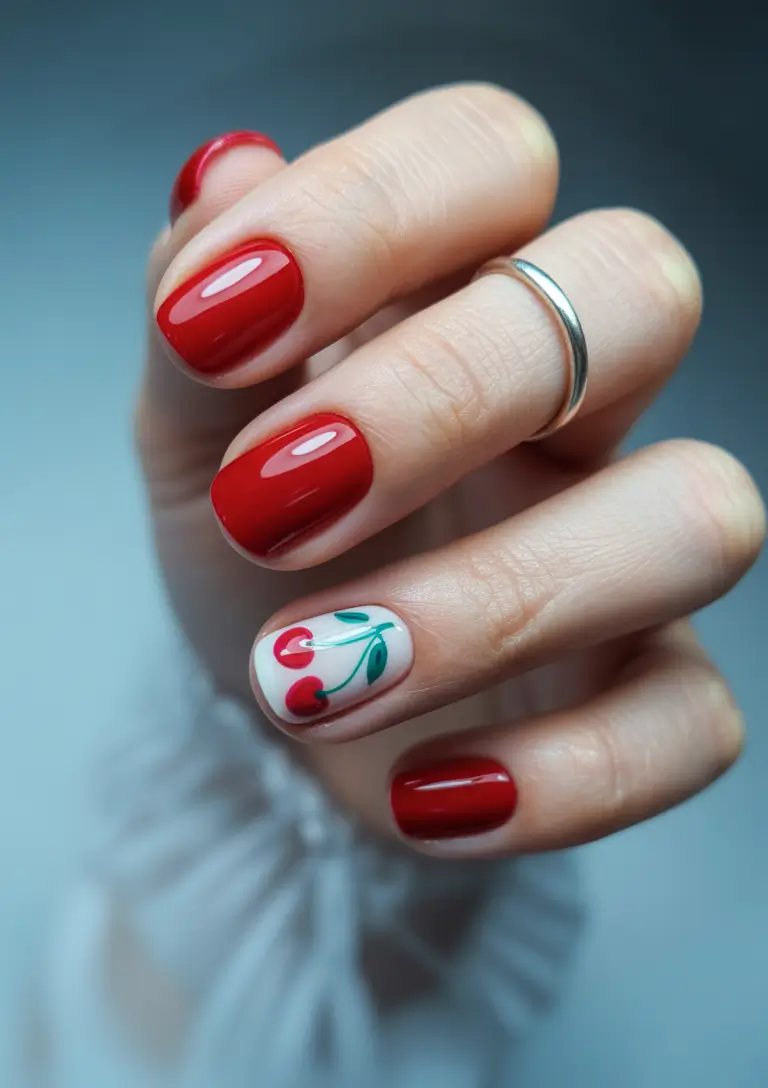 Oval nails with red polish and cherry accent nail