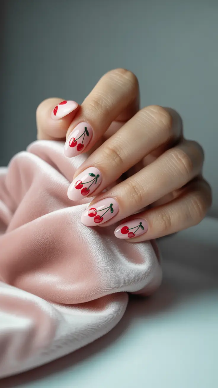 Round nails with cherry branch art on nude base