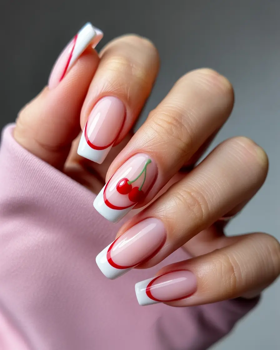 Square nails with red French tips and cherry details