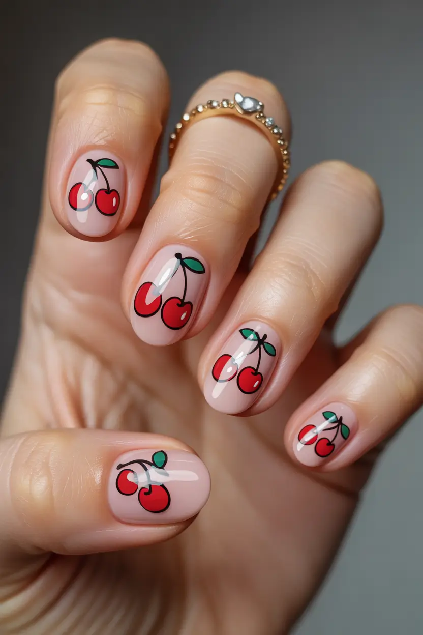 Short nails with cherry art on nude base