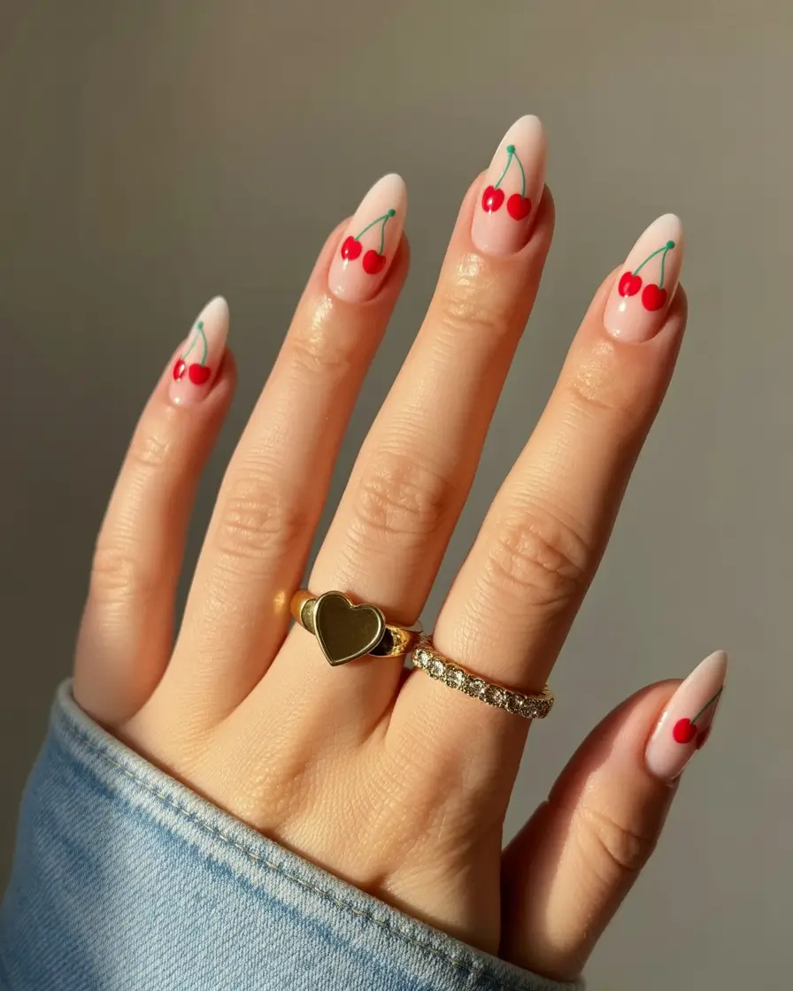 Almond nails with bright cherry art on nude base