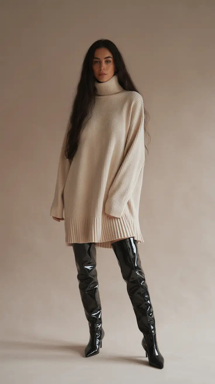 Oversized knit with glossy boots