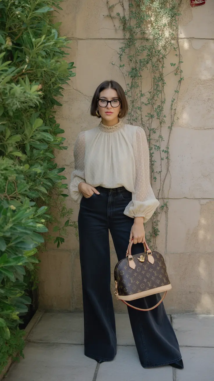 Sheer blouse with high-waisted jeans