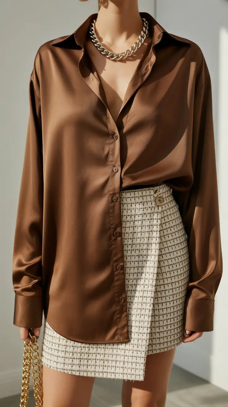 Silk shirt with tweed mini skirt