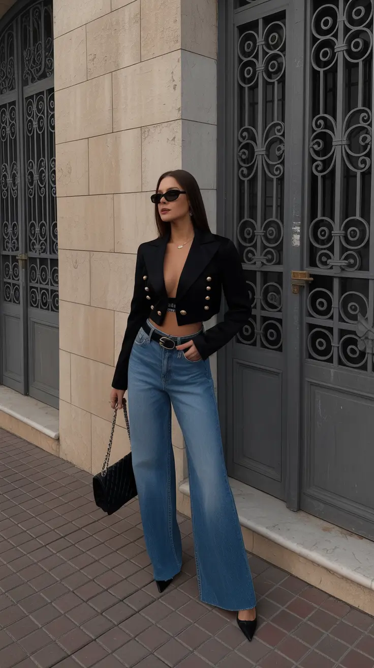 Black blazer with wide-leg jeans