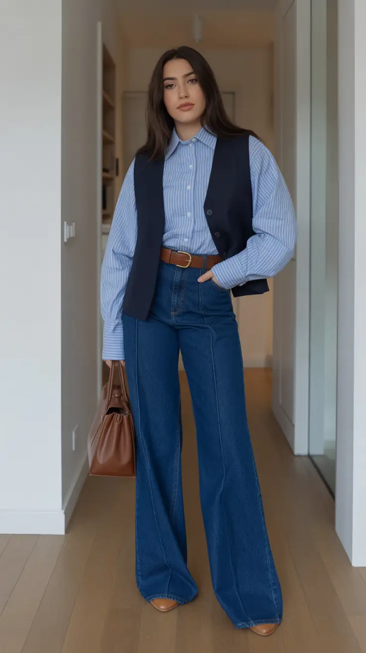 Layered vest with wide-leg jeans
