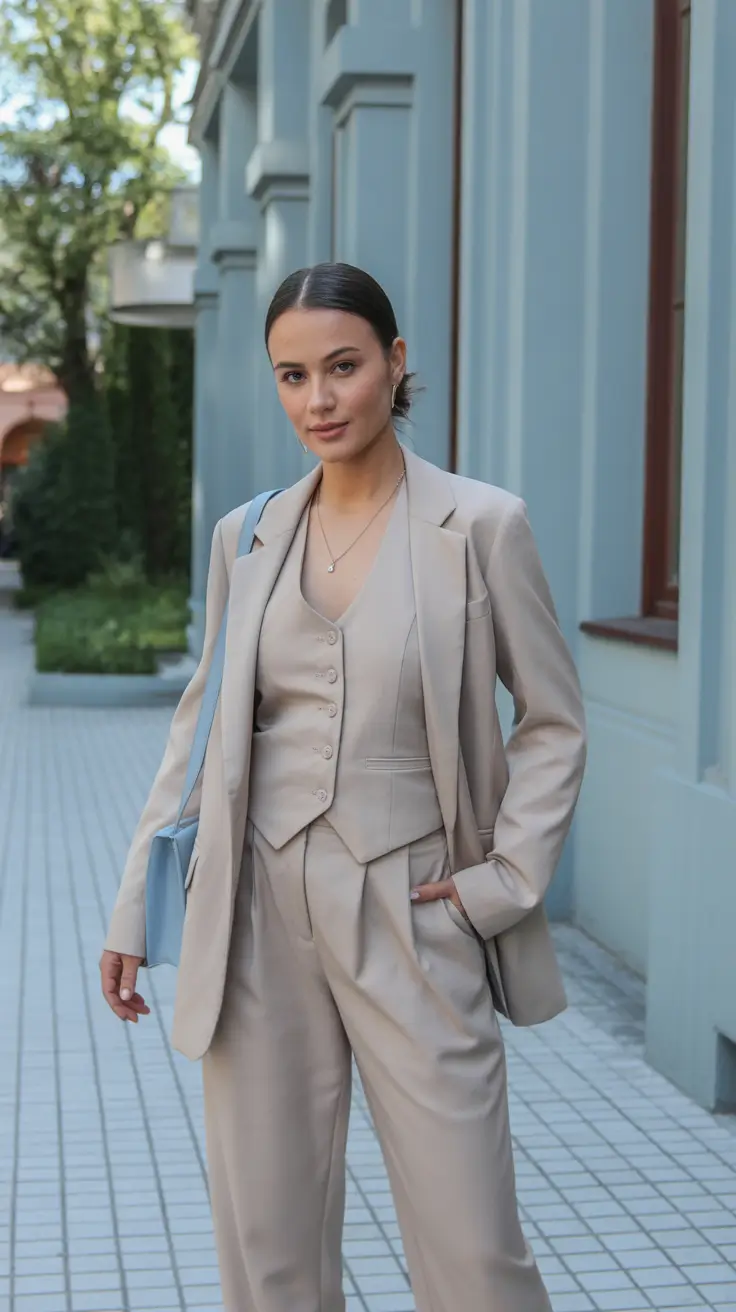 Neutral suit with vest layering