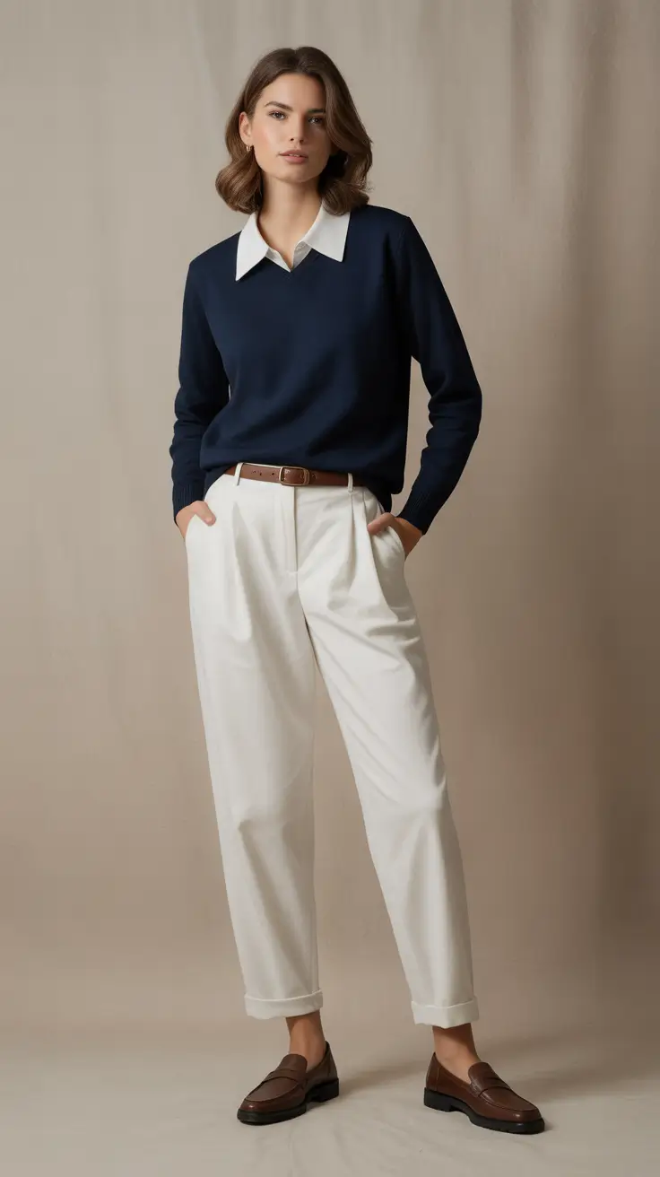 Navy sweater with classic trousers