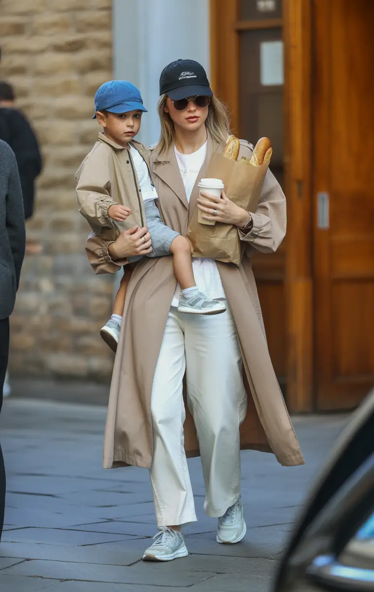 Stylish mom with child in trench coat