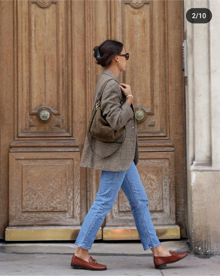 Tweed blazer with jeans and loafers