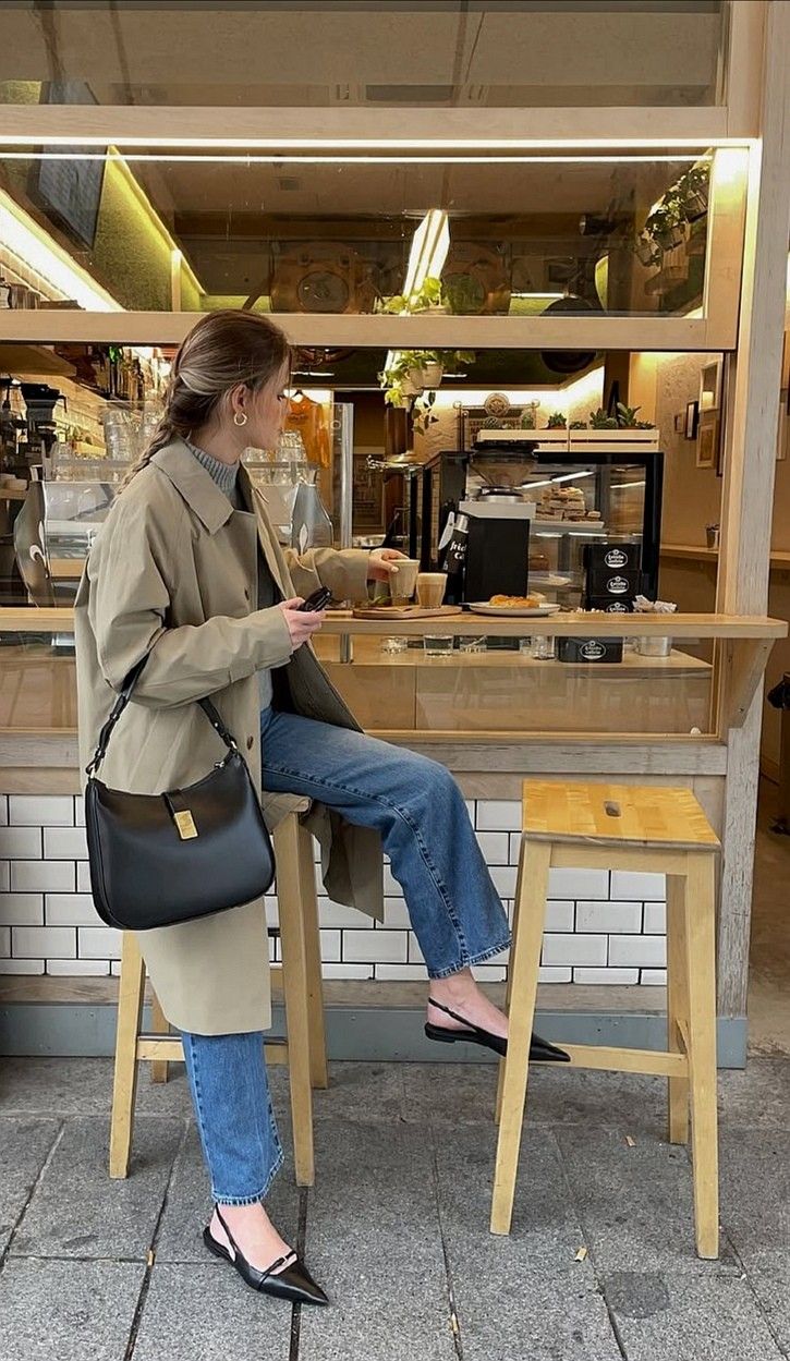 Trench coat with jeans and slingback heels