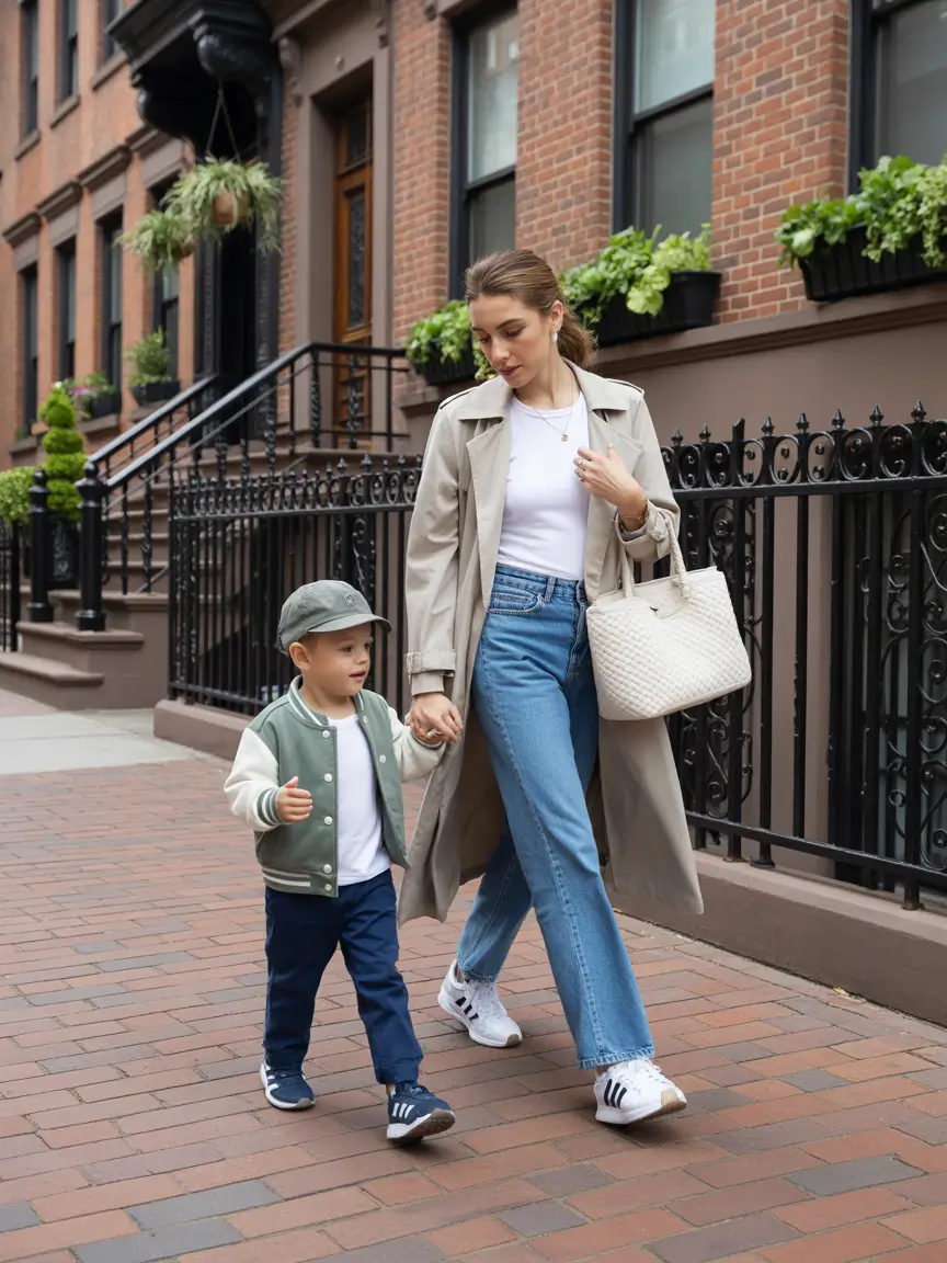 Trench coat with jeans and sneakers