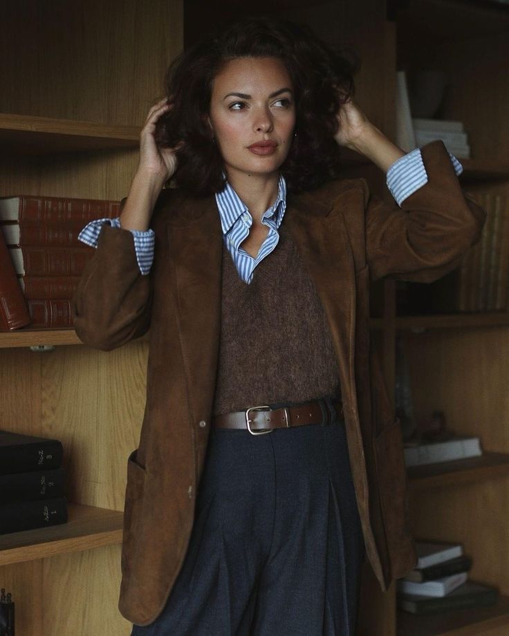 Suede blazer with wool sweater and trousers