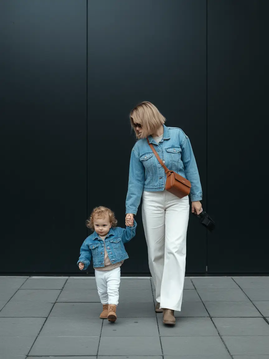 Matching denim jackets with white trousers