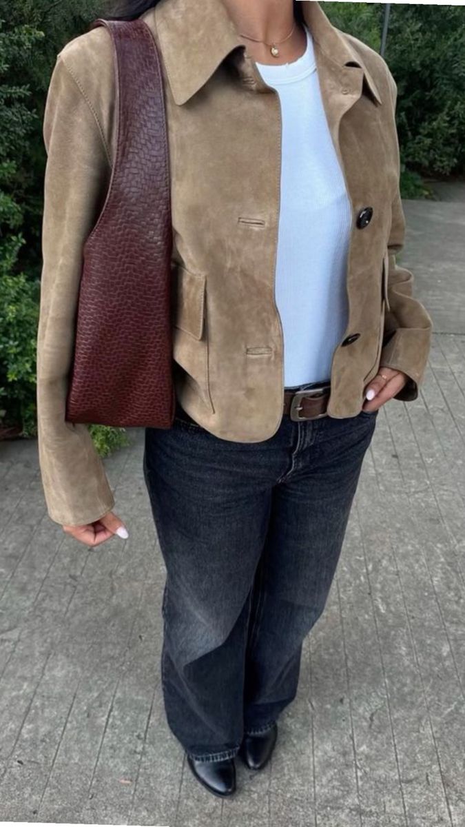 Suede jacket with dark jeans and boots