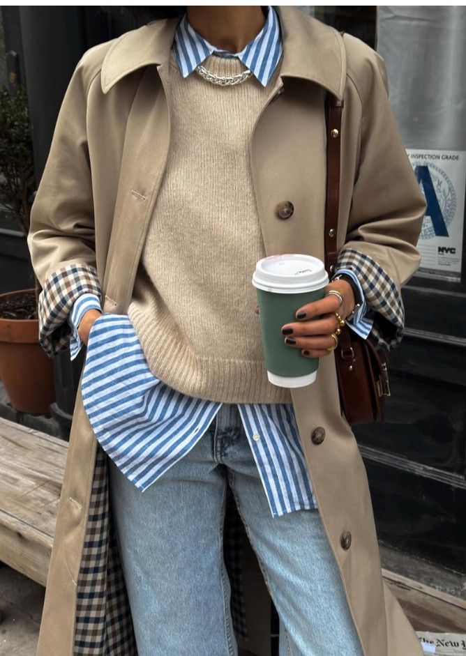 Trench coat with striped shirt and jeans