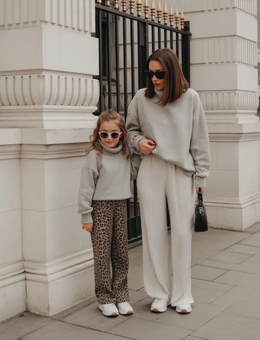 Matching neutral outfits for mom and child