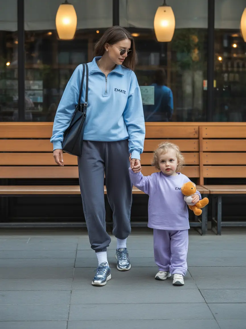 Matching blue sweatshirts with joggers for mom and child