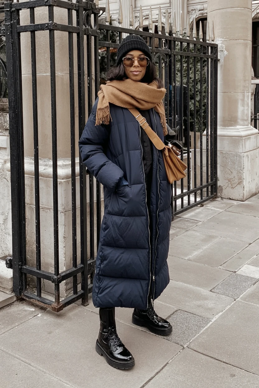 Quilted coat with scarf and boots
