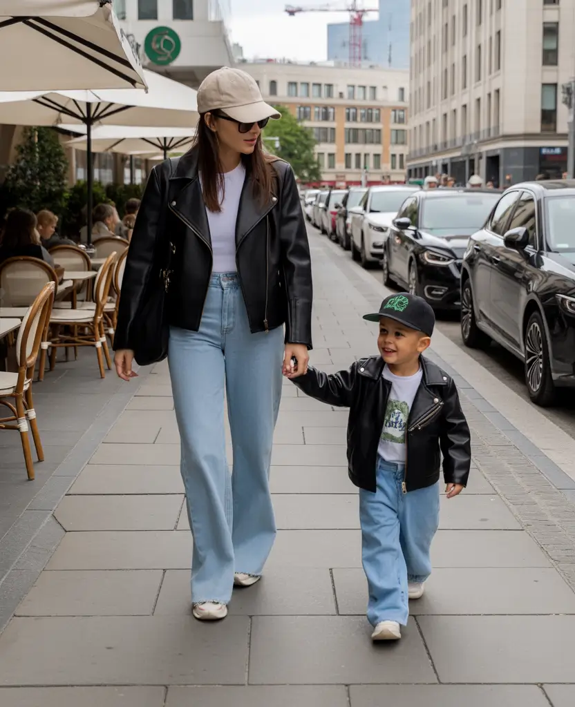 Leather jackets with jeans for mom and child