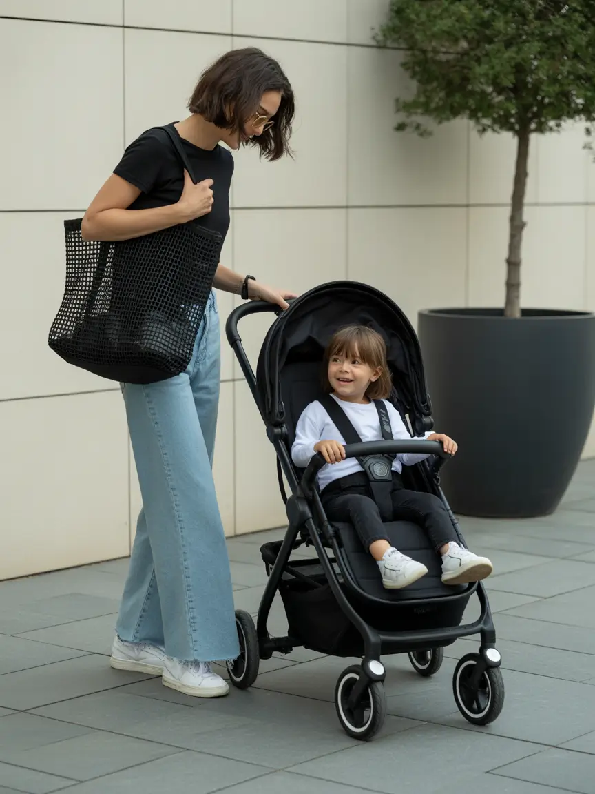 Wide-leg jeans with black tee and tote