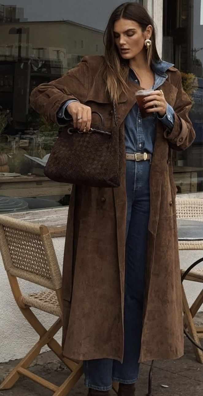 Brown suede coat with denim layers