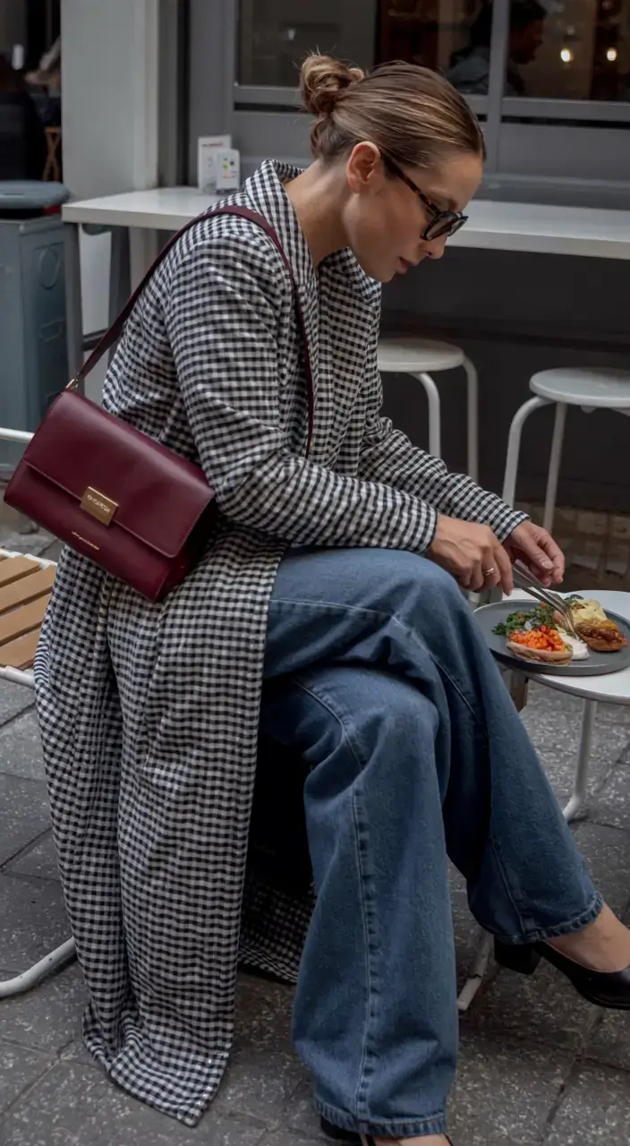 Gingham coat with denim wide-leg pants