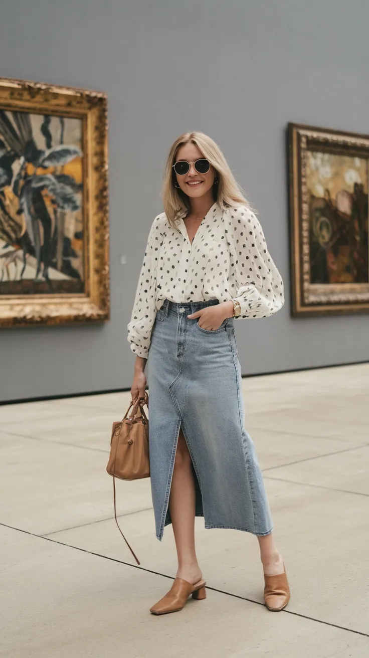Polka dot blouse with denim midi skirt