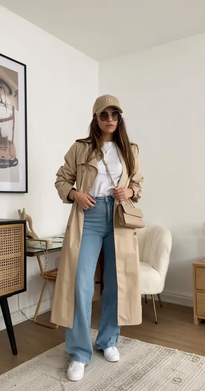 Trench coat with denim jeans and white tee