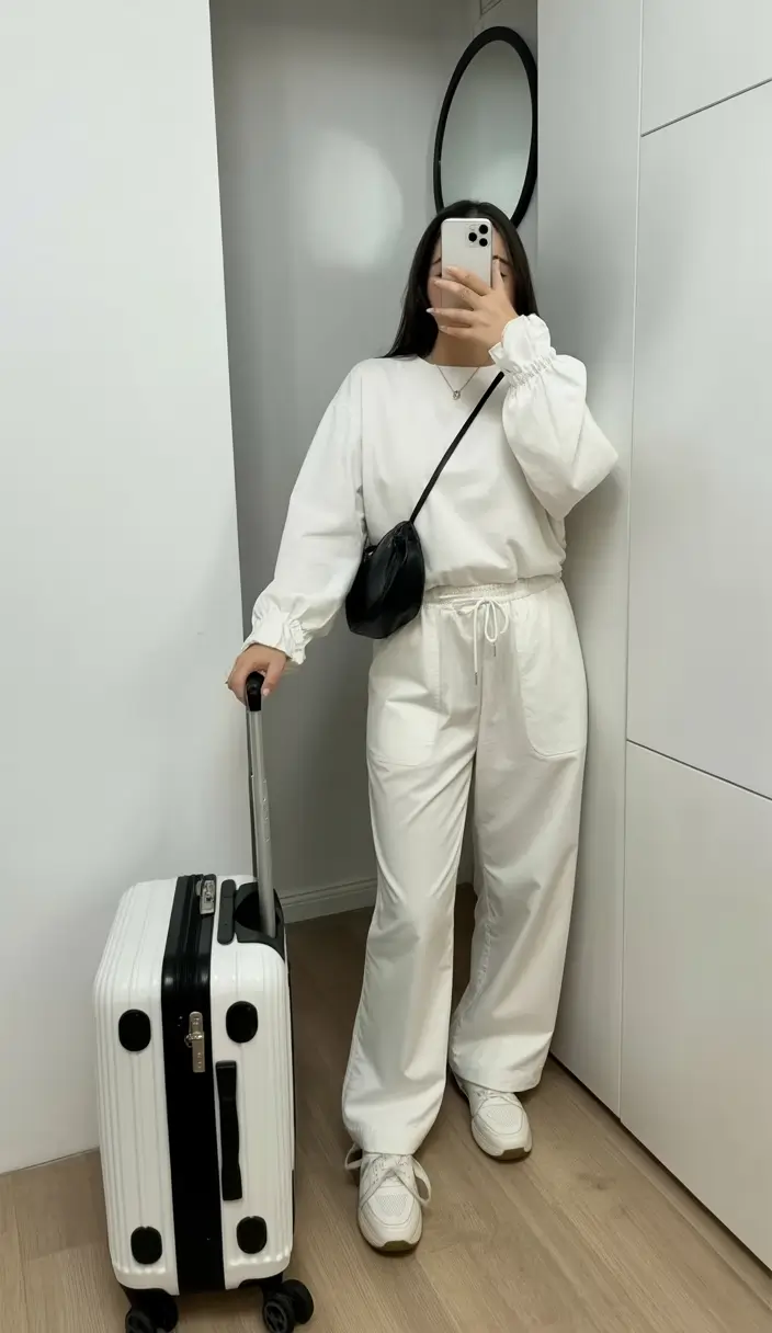 White lounge set with sneakers and suitcase
